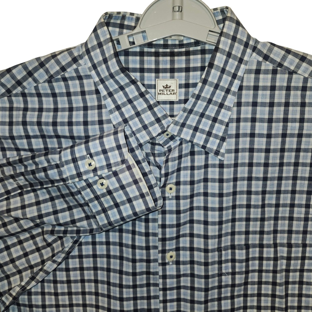 Peter Millar Mens XL Blue White Gingham Check Cotton Button Down Shirt casual